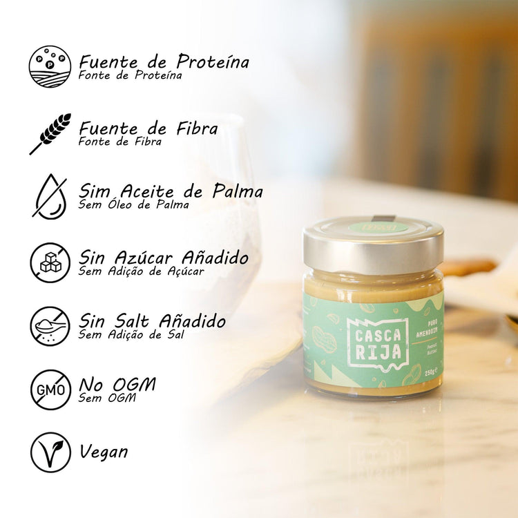 Frasco Casca Rija com ícones das características da manteiga de amendoim