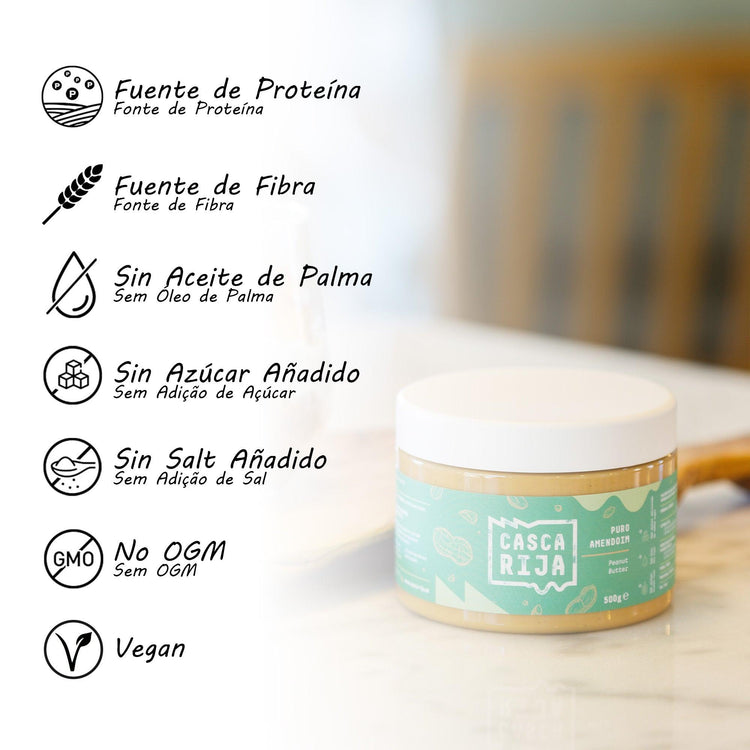 Frasco de 500 g com ícones das características da manteiga de amendoim