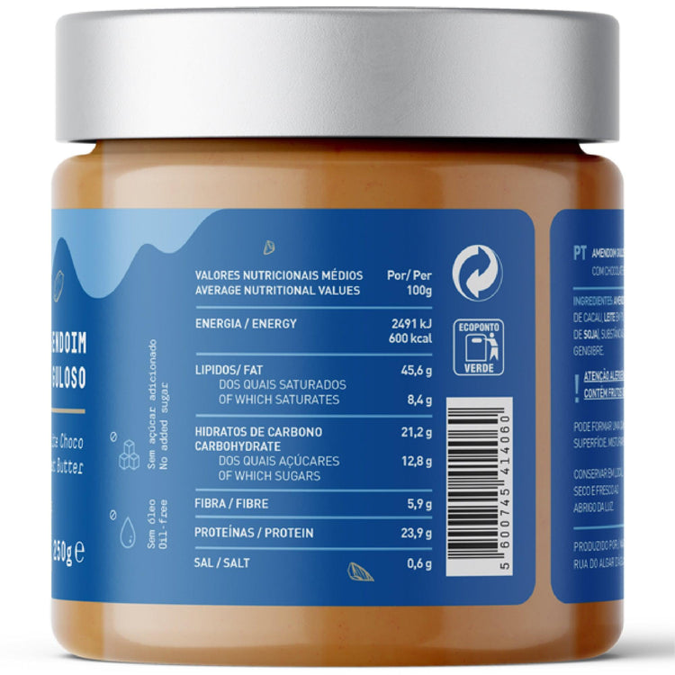 Verso do frasco de manteiga de amendoim com chocolate branco 250 g