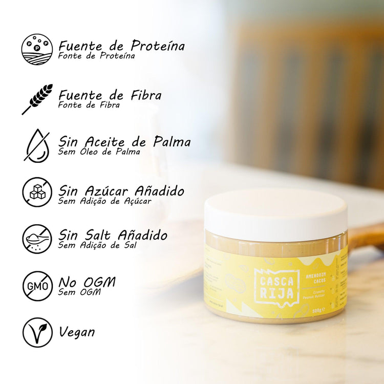 Frasco crocante de 500 g com ícones das características do produto