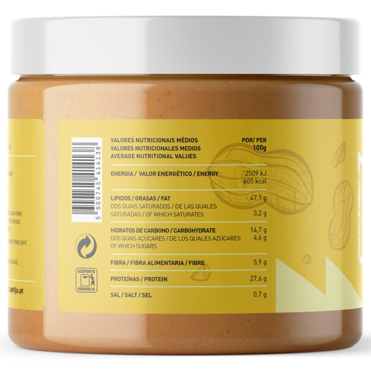 Verso do frasco crocante de 500 g com nutrição e código de barras