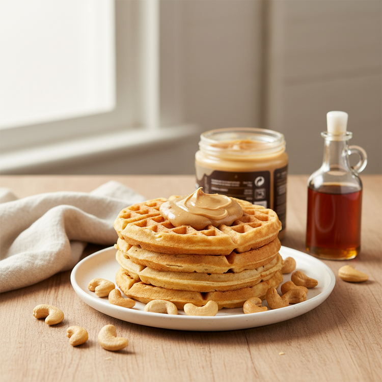 Pilha de waffles com manteiga de caju, cajus e frasco ao fundo