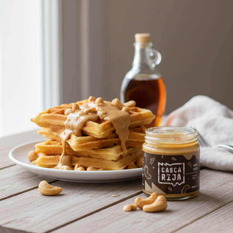 Waffles com manteiga de caju junto ao frasco aberto de 250 g